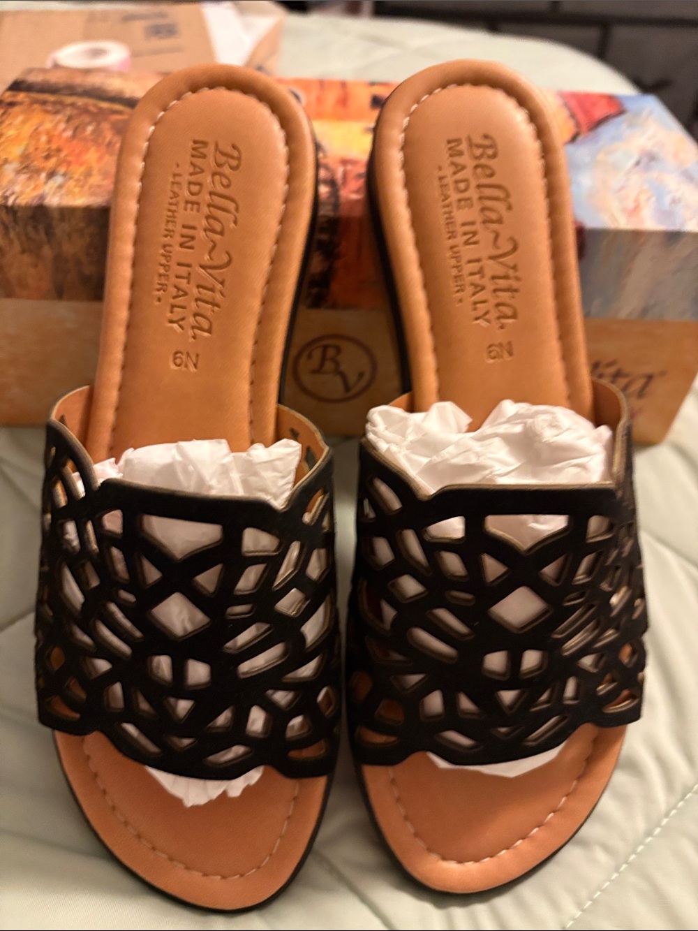 Bella Vita Black Laser-Cut Leather Slide Mules